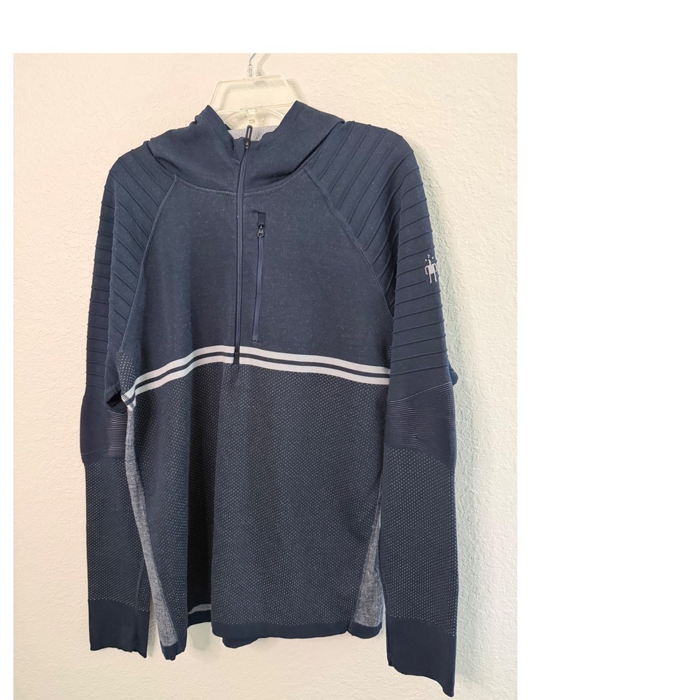 Smartwool Intraknit Mens Merino Wool Blend Quarter Zip Hoodie XL Blue Stretch